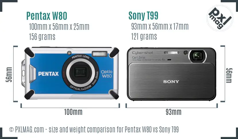Pentax W80 vs Sony T99 size comparison
