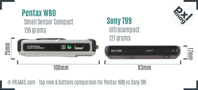 Pentax W80 vs Sony T99 top view buttons comparison