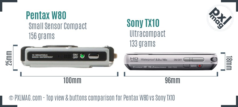 Pentax W80 vs Sony TX10 top view buttons comparison