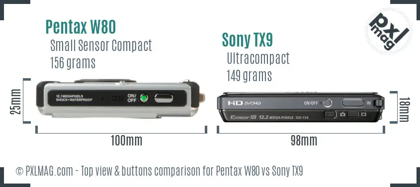 Pentax W80 vs Sony TX9 top view buttons comparison
