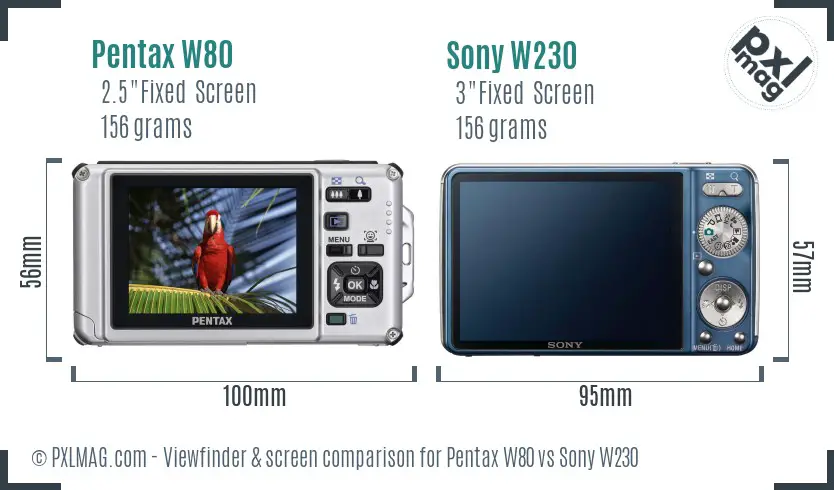 Pentax W80 vs Sony W230 Screen and Viewfinder comparison