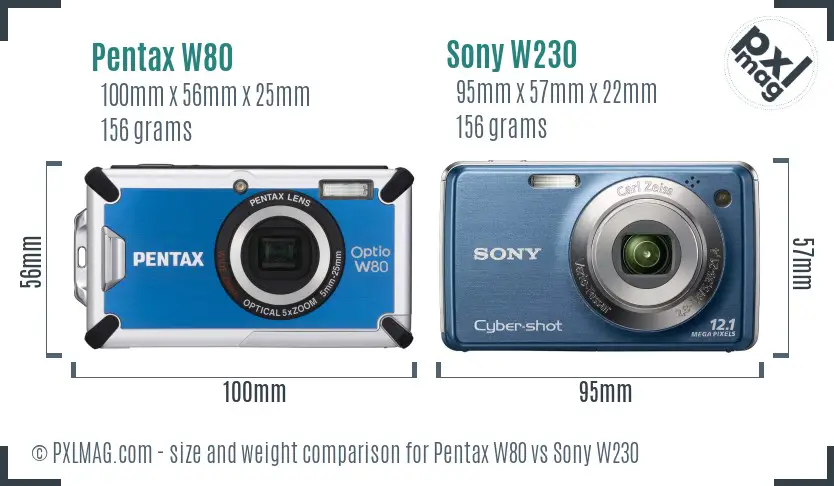Pentax W80 vs Sony W230 size comparison