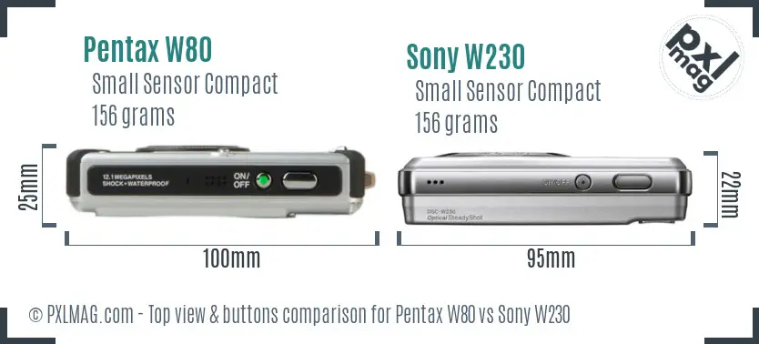 Pentax W80 vs Sony W230 top view buttons comparison