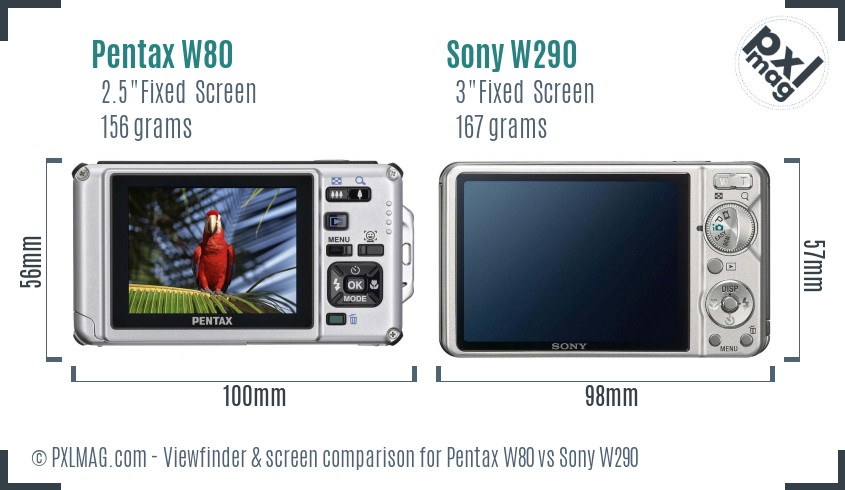 Pentax W80 vs Sony W290 Screen and Viewfinder comparison