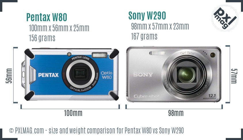 Pentax W80 vs Sony W290 size comparison