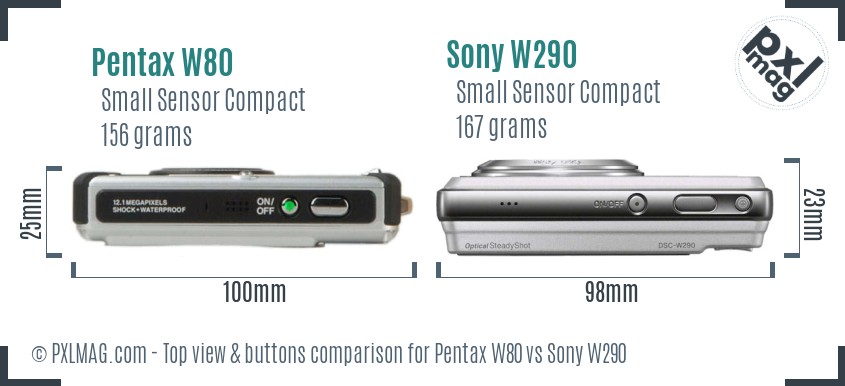 Pentax W80 vs Sony W290 top view buttons comparison