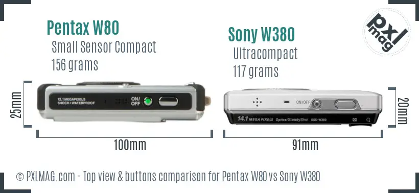 Pentax W80 vs Sony W380 top view buttons comparison