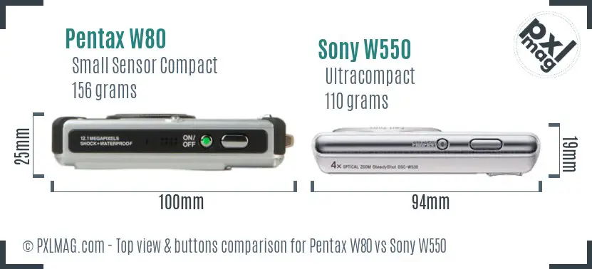 Pentax W80 vs Sony W550 top view buttons comparison