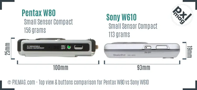 Pentax W80 vs Sony W610 top view buttons comparison