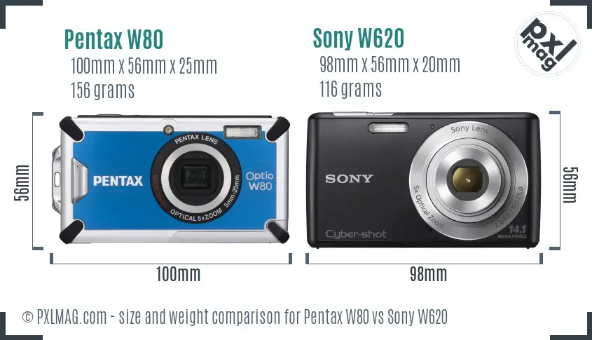 Pentax W80 vs Sony W620 size comparison