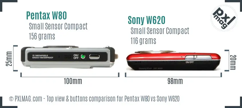 Pentax W80 vs Sony W620 top view buttons comparison