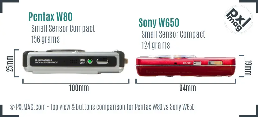 Pentax W80 vs Sony W650 top view buttons comparison Pentax W80 vs Sony W650 top view buttons comparison