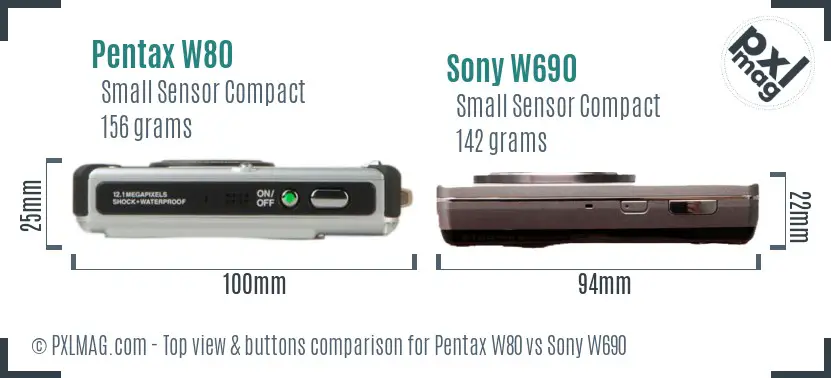 Pentax W80 vs Sony W690 top view buttons comparison Pentax W80 vs Sony W690 top view buttons comparison