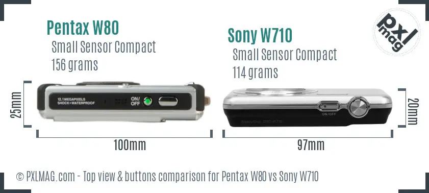 Pentax W80 vs Sony W710 top view buttons comparison