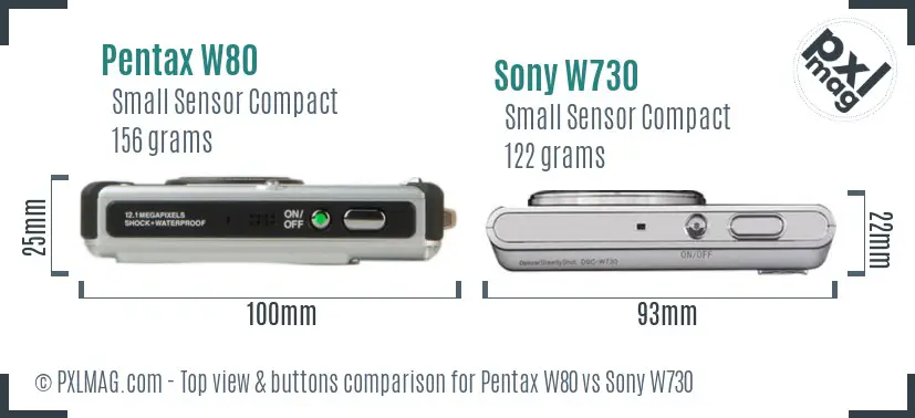 Pentax W80 vs Sony W730 top view buttons comparison