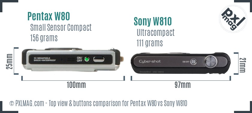 Pentax W80 vs Sony W810 top view buttons comparison