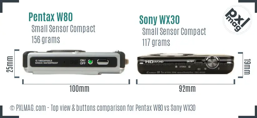 Pentax W80 vs Sony WX30 top view buttons comparison