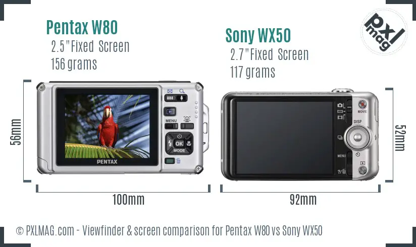 Pentax W80 vs Sony WX50 Screen and Viewfinder comparison