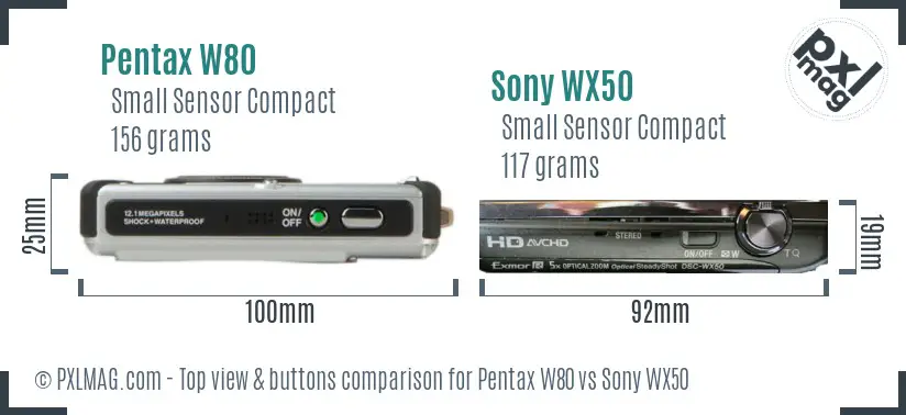 Pentax W80 vs Sony WX50 top view buttons comparison