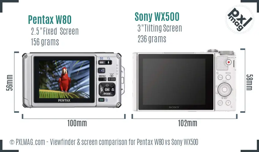 Pentax W80 vs Sony WX500 Screen and Viewfinder comparison