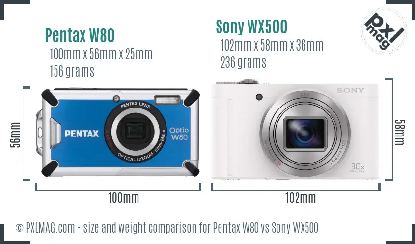 Pentax W80 vs Sony WX500 size comparison