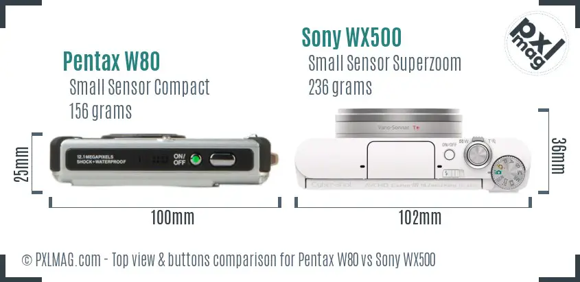 Pentax W80 vs Sony WX500 top view buttons comparison