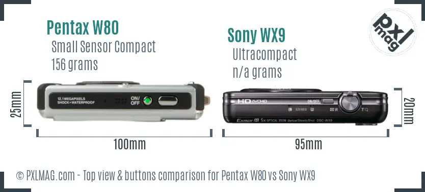 Pentax W80 vs Sony WX9 top view buttons comparison Pentax W80 vs Sony WX9 top view buttons comparison