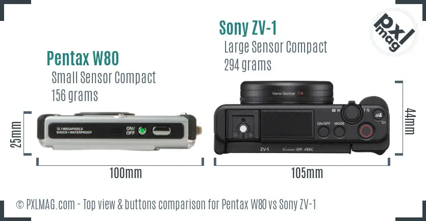 Pentax W80 vs Sony ZV-1 top view buttons comparison