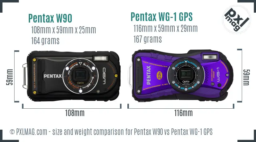 Pentax W90 vs Pentax WG-1 GPS size comparison