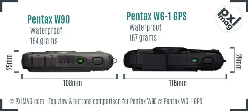 Pentax W90 vs Pentax WG-1 GPS top view buttons comparison