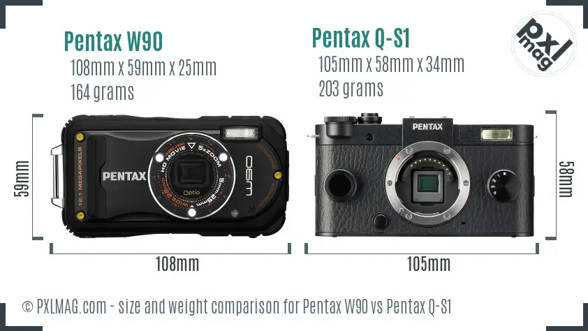 Pentax W90 vs Pentax Q-S1 size comparison