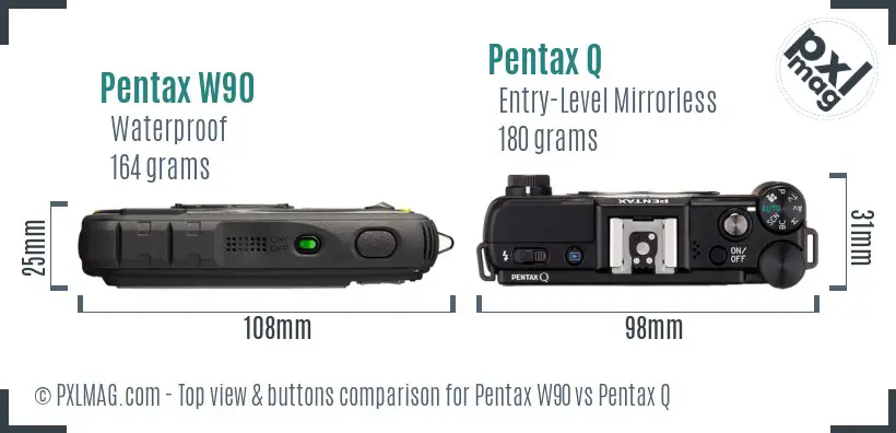Pentax W90 vs Pentax Q top view buttons comparison