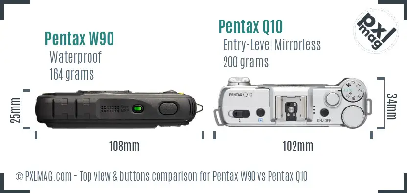 Pentax W90 vs Pentax Q10 top view buttons comparison