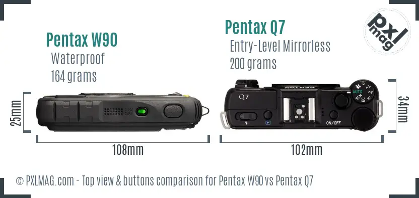 Pentax W90 vs Pentax Q7 top view buttons comparison