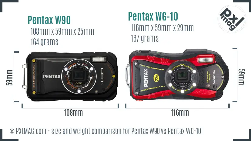 Pentax W90 vs Pentax WG-10 size comparison