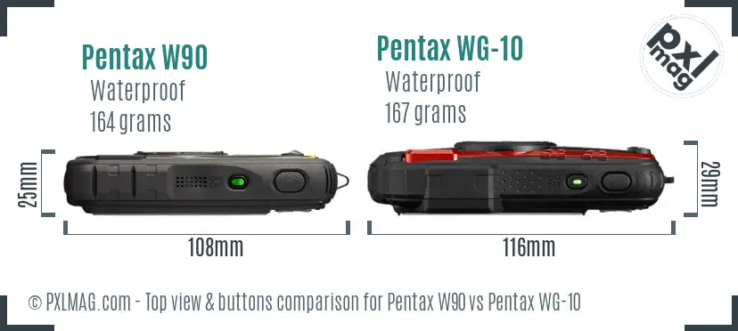 Pentax W90 vs Pentax WG-10 top view buttons comparison