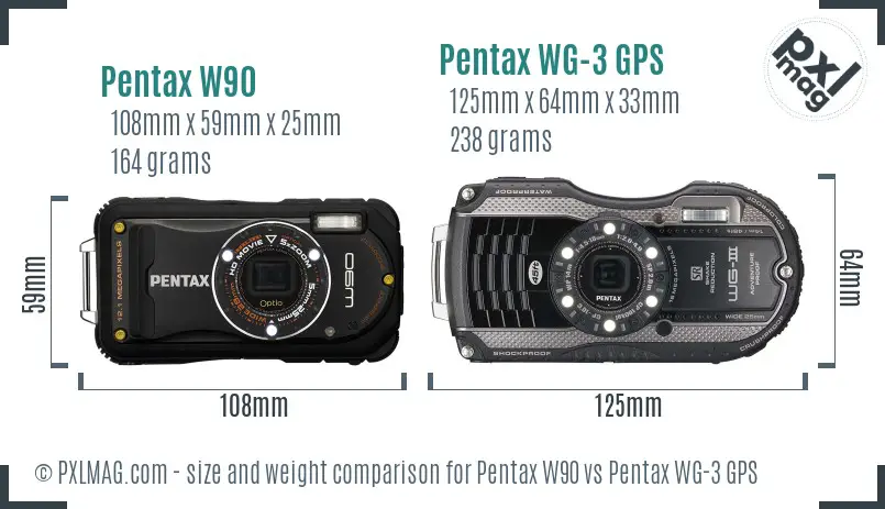 Pentax W90 vs Pentax WG-3 GPS size comparison
