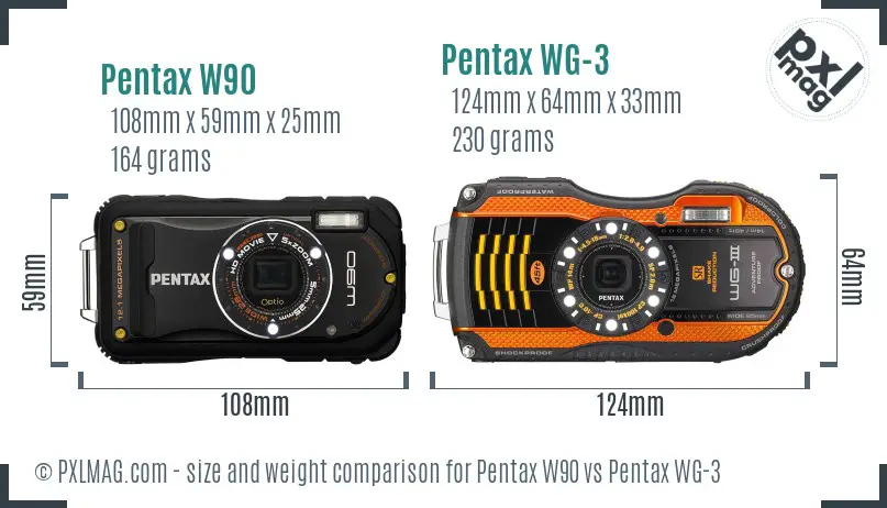 Pentax W90 vs Pentax WG-3 size comparison
