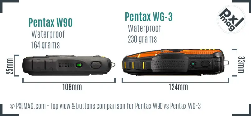 Pentax W90 vs Pentax WG-3 top view buttons comparison