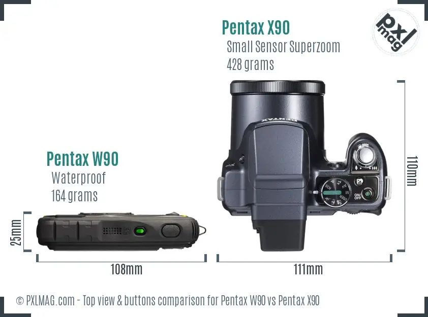 Pentax W90 vs Pentax X90 top view buttons comparison