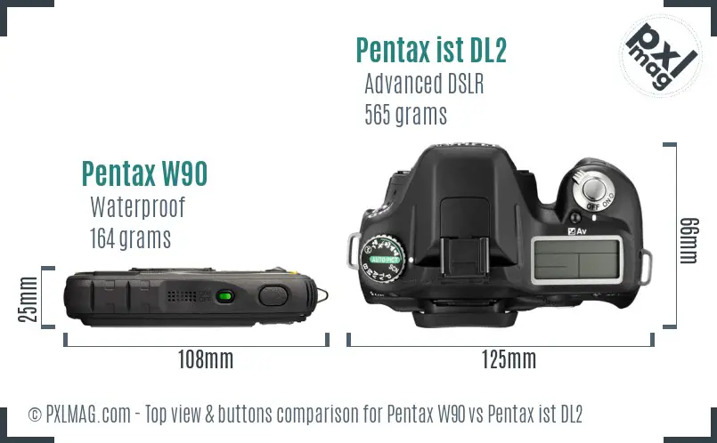 Pentax W90 vs Pentax ist DL2 top view buttons comparison