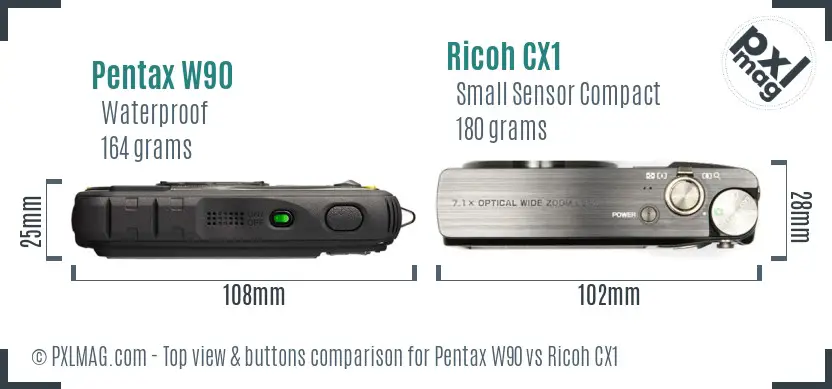 Pentax W90 vs Ricoh CX1 top view buttons comparison
