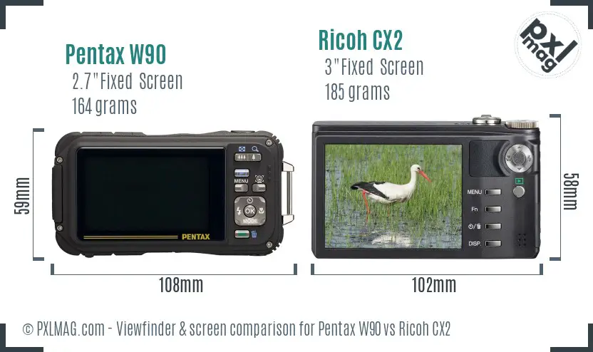 Pentax W90 vs Ricoh CX2 Screen and Viewfinder comparison