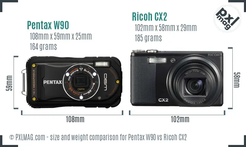 Pentax W90 vs Ricoh CX2 size comparison