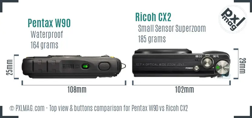 Pentax W90 vs Ricoh CX2 top view buttons comparison