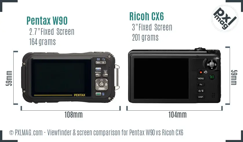 Pentax W90 vs Ricoh CX6 Screen and Viewfinder comparison