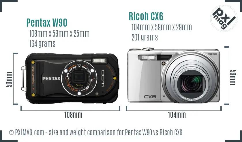Pentax W90 vs Ricoh CX6 size comparison Pentax W90 vs Ricoh CX6 size comparison