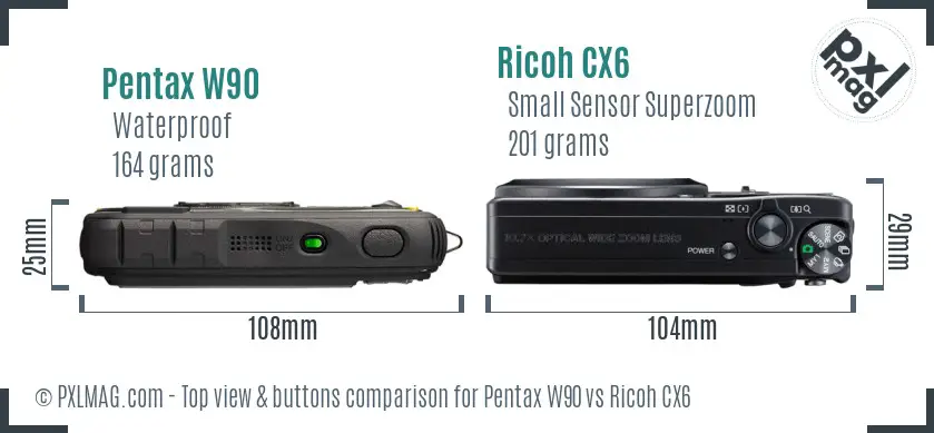 Pentax W90 vs Ricoh CX6 top view buttons comparison