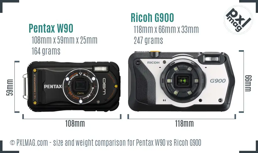 Pentax W90 vs Ricoh G900 size comparison