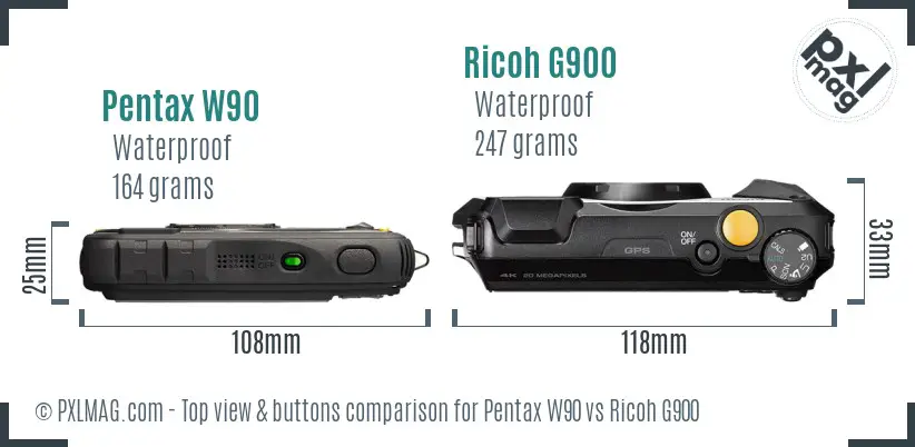 Pentax W90 vs Ricoh G900 top view buttons comparison